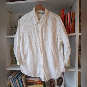 LL Bean Women's White Linen Button-Up Shirt 3/4 Sleeve Size XL Natural Coastal